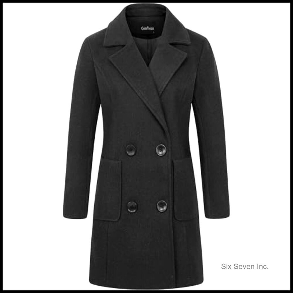 Wool Blend Pea Coat Double Breasted Notched Lapel Winter Overcoat - Picture 2 of 3